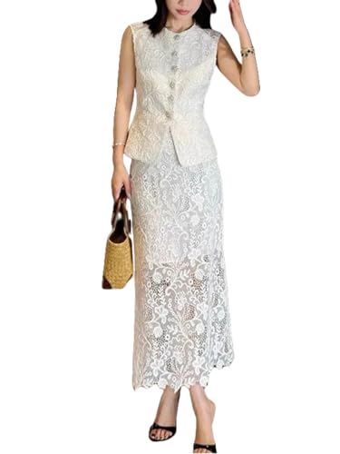 31bVxdBuEL.jpg Women's Elegant Solid Color Embroidery Lace 2 Pieces Sets O Neck Sleeveless Tank Top and A Line High Waist Skirt Suits