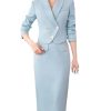 Women Solid Long Sleeve Shawl Collar Cropped Suit Jacket High Waist Wrap Hip Midi Pencil Skirts 2 Pieces Set