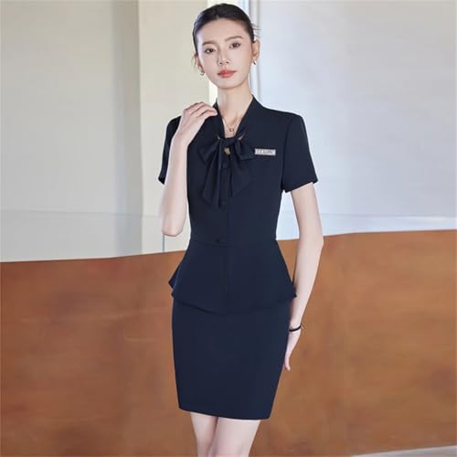 31ewgTP2XPL.jpg Women's Solid Color Short-Sleeved V-Neck Single-Breasted Bow-Decorated Suit Skirt Two-Piece Suit