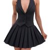 31fDGwtOQWL.jpg Women's 2 Piece Sets for Women Button Down A-Line V Neck Sleeveless Blazer Vest and Mini Pleated Skirt Set
