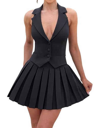 31fDGwtOQWL.jpg Women's 2 Piece Sets for Women Button Down A-Line V Neck Sleeveless Blazer Vest and Mini Pleated Skirt Set