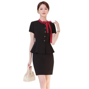 31iYMMRBp8L.jpg Women's Spring and Summer Round Neck Single Breasted Solid Color Suit Jacket and Skirt Set