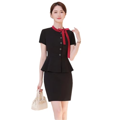 31iYMMRBp8L.jpg Women's Spring and Summer Round Neck Single Breasted Solid Color Suit Jacket and Skirt Set