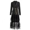 31mdtyhDfaL.jpg Women Black Skirts Suit Long Sleeve Sashes Blazer Mesh Long Skirts 2 Pieces Set