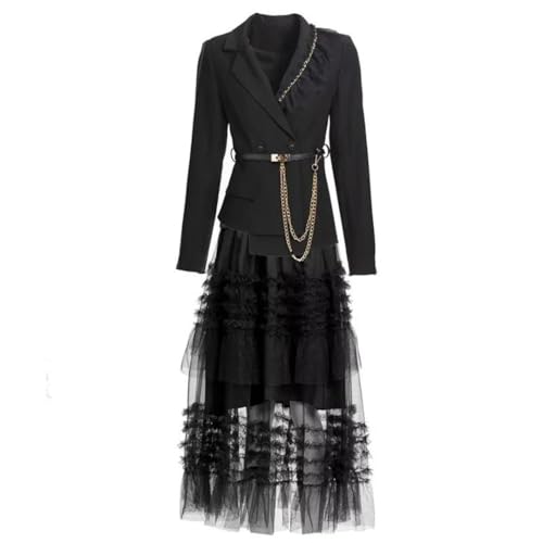 31mdtyhDfaL.jpg Women Black Skirts Suit Long Sleeve Sashes Blazer Mesh Long Skirts 2 Pieces Set