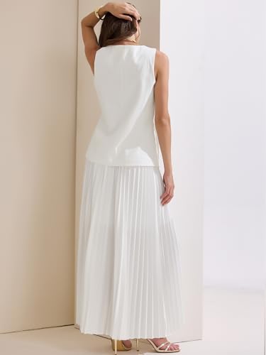 31n-xtudBjL.jpg Women's 2 Piece Summer Outfits V Neck Sleeveless Button Vest Maxi Pleated Skirts Set