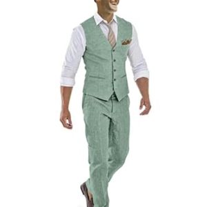 31oBC0LkrxL.jpg Casual Linen Beige Men's 2 Piece Suits Wedding Suits Slim Fit Groomsmen Tuxedos Prom Waistcoat Summer Linen Vest+Pant