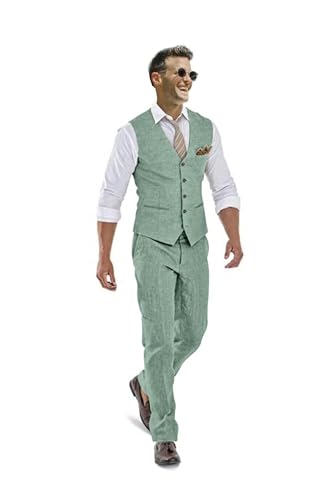 31oBC0LkrxL.jpg Casual Linen Beige Men's 2 Piece Suits Wedding Suits Slim Fit Groomsmen Tuxedos Prom Waistcoat Summer Linen Vest+Pant