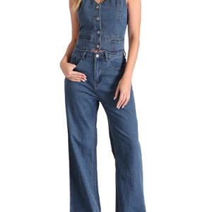 31oCiXC4okL.jpg 2 Piece Outfits Denim Set for Women's Sleeveless Button V Neck Denim Vest Waistcoat Wide Leg Jeans