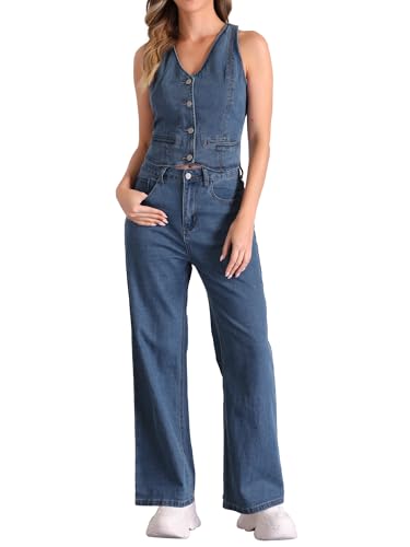 31oCiXC4okL.jpg 2 Piece Outfits Denim Set for Women's Sleeveless Button V Neck Denim Vest Waistcoat Wide Leg Jeans