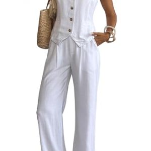 31rAFALPwrL.jpg Women's Linen 2 Piece Sets Summer Outfits Vest Waistcoat Casual Dressy Work Vacation Travel Pants Sets