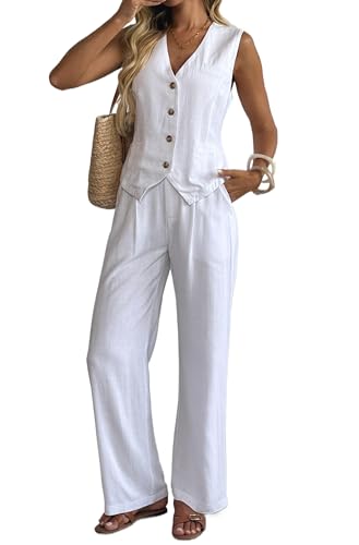 31rAFALPwrL.jpg Women's Linen 2 Piece Sets Summer Outfits Vest Waistcoat Casual Dressy Work Vacation Travel Pants Sets