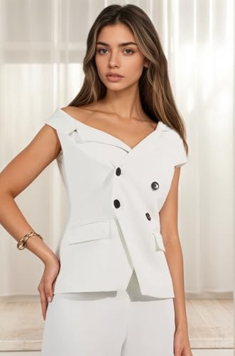 31rRY4n18LL.jpg Womens Summer Outfits Business Casual 2 Piece Vest Pants Set Asymmetric Collar Vest Wide Leg Pants for Women