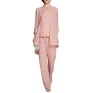 31rchJY660L.jpg Women's Mother of The Bride Pants Suits Full Length Chiffon Lace 3/4 Sleeve 3 Pcs Wedding Sets