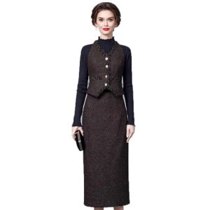 31riqjmalkL.jpg Women Elegant Office and Business Suit V-Neck Long-Sleeved Single-Breasted Tank Skirt 2 Piece Set