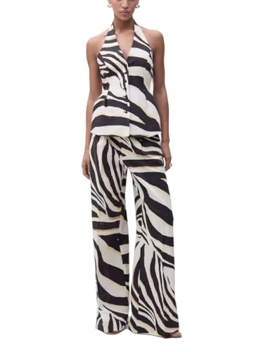 Pants Sets 2 Piece Outfits for Women Zebra Print Halter Vest Top and Wide Leg Pants Dailywear Summer Vacation Sets