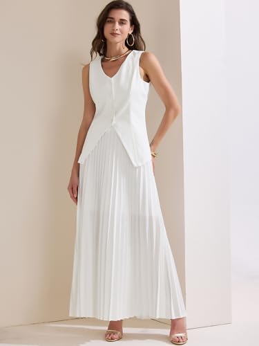 31sXsb71NSL.jpg Women's 2 Piece Summer Outfits V Neck Sleeveless Button Vest Maxi Pleated Skirts Set