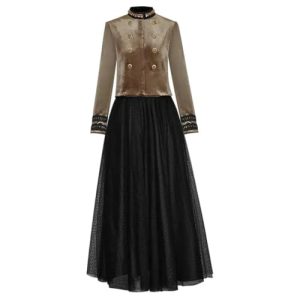 31tfzAyAM4L.jpg Women Beading Long Sleeve Coat Skirts Suit Polka Dots Mesh Black Skirt 2 Pieces Set