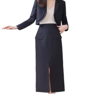 31tpzQC2FgL.jpg Women Solid Long Sleeve Notch Collar Cropped Jacket High Waist Split Straight Pencil Skirt 2 Piece Suits Sets