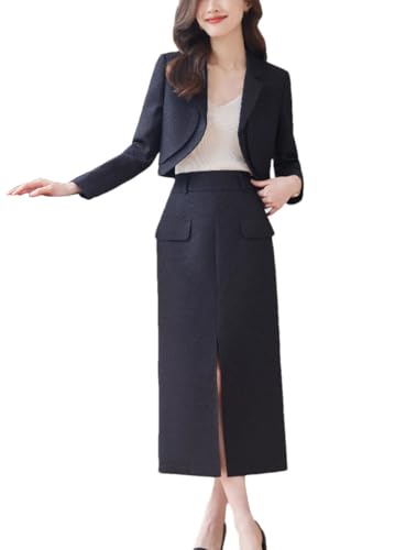 31tpzQC2FgL.jpg Women Solid Long Sleeve Notch Collar Cropped Jacket High Waist Split Straight Pencil Skirt 2 Piece Suits Sets