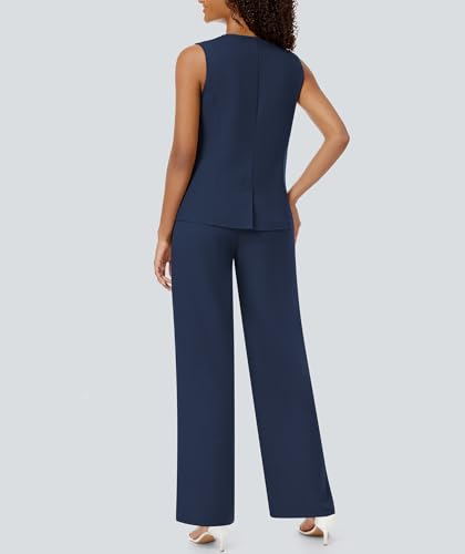 31ugrq5dGML.jpg Women's Summer 2 Piece Blazer Outfits Sleeveless Crewneck Vest Wide Leg Pantsuit 2025 Dressy Casual Work Sets