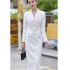 Women Solid Long Sleeve Shawl Collar Cropped Suit Jacket High Waist Wrap Hip Midi Pencil Skirts 2 Pieces Set