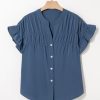 31xG6TnA6jL.jpg Womens Button Down Shirts Ruffle Ruched Short Sleeve Tops Summer Solid Casual Work Business Blouses