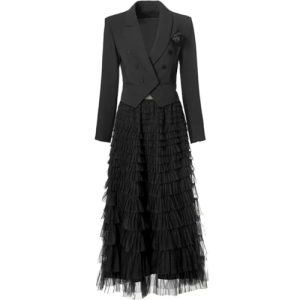 31xGBUziUL.jpg Women Elegant Commuter Suit Notched Long-Sleeved Appliques Tops Flounced Edge Skirt 2 Piece Set