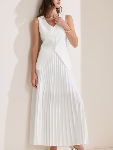 31xNSSBB1qL.jpg Women's 2 Piece Summer Outfits V Neck Sleeveless Button Vest Maxi Pleated Skirts Set