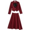 Women Red Vintage Skirts Set Lapel Ruffles Button Pockets Slim Coats Long Skirts 2 Pieces Set
