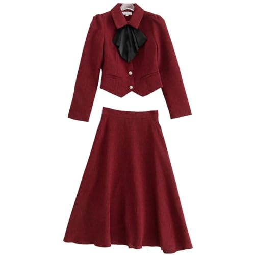 Women Red Vintage Skirts Set Lapel Ruffles Button Pockets Slim Coats Long Skirts 2 Pieces Set