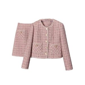 41-LuYUad3L.jpg Women Crop Top Woolen Short Jacket Coat Mini Skirts Sets Pink Two Piece Suits