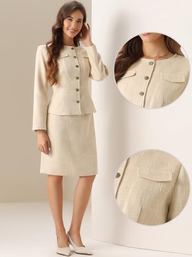 41-VCJSf8pL.jpg Suit Set for Women's 2 Piece Outfits Tweed Peplum Collarless Blazer Jacket and Skirt Sets