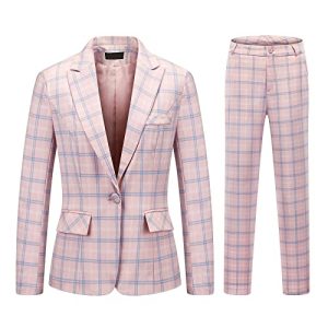 41-mCkXQOL.jpg Womens 2 Piece Plaid Suits Set Business Office One Button Blazer Jacket Casual Long Sleeve Pant Suit Set