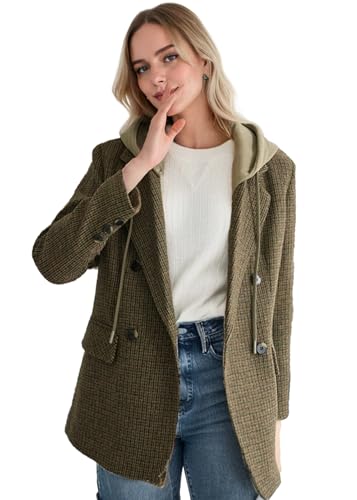 410LBxh2fjL.jpg 2025 Women's Spring Hooded Blazer Jacket Double-Breasted Oversize Loose Fully-Lined Work Office Suit with Pockets