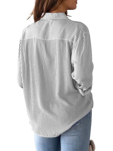 410pnq6K9aL.jpg Grade 4 Wrinkle-Resistant Women's Button Down Shirts Striped Long Sleeve Collared Blouses Tops with Pocket