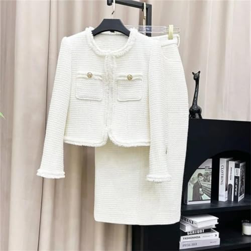 410xCKFZ1qL.jpg Women White Suit Tweed Jacket + Skirt Spring/Autumn Coat Business Ladies 2 Piece Skirt Sets