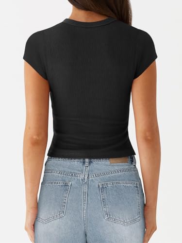 4110Ng6coL.jpg Women's Button Down Shirt Cap Sleeve Tops for Women Button Up Ribbed Knit Slim Fit Casual Y2K Crop Going Out Top