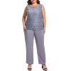 411ywHjtYPL.jpg Plus Size Elegant Mother of The Bride Pant Suits Chiffon Pant with Women's Tank Top and Sequin Lace Jacket Evening Gown