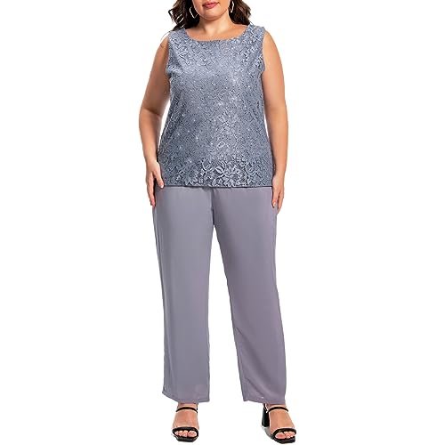411ywHjtYPL.jpg Plus Size Elegant Mother of The Bride Pant Suits Chiffon Pant with Women's Tank Top and Sequin Lace Jacket Evening Gown