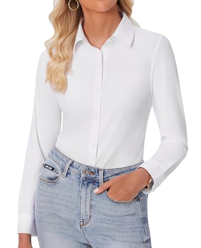 412SSN8Cy8L.jpg Button Down Shirts for Women Slim fit Long Sleeve Stretch Dress Shirts Work Shirt Wrinkle Free Office Blouses