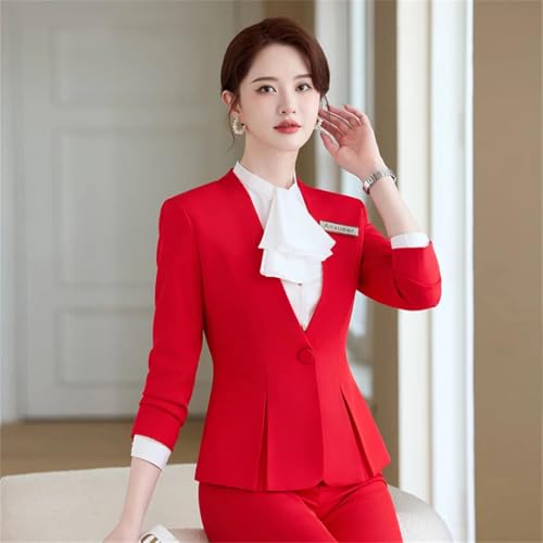 412ZuNdcmiL.jpg Women's Solid Color V-Neck Single Button Slim Fit Short Suit Jacket Skirt Two-Piece Suit