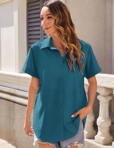 412l-E0-Z1L.jpg Women's Button Down Shirts Short Sleeve Casual Oversized Shirts Loose Collared V Neck Blouses