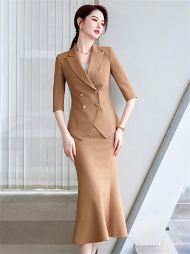 412nY2EuvvL.jpg Women's Spring and Summer Solid Lapel Double-Breasted Half-Sleeved Suit Skirt Set
