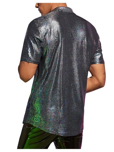 412oJ2gj47L.jpg Men's 70s Sparkly Disco Top Crocodile Pattern Metallic Rave Button Down Shirt Short Sleeve Party T Shirt