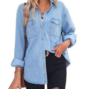 Women's Spring Long Sleeve Denim Jean Shirts Button Down Shirt Business Casual Tops