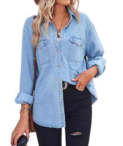 412oo1bJosL.jpg Women's Spring Long Sleeve Denim Jean Shirts Button Down Shirt Business Casual Tops