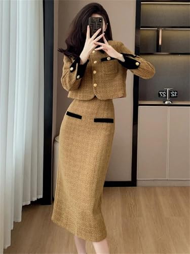 413Px03aD0L.jpg Women Vintage Tweed Two Piece Set Short Coat + Bodycon Skirt Suits Winter Elegant 2 Piece