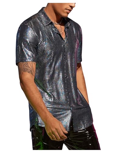 413SvwLC-7L.jpg Men's 70s Sparkly Disco Top Crocodile Pattern Metallic Rave Button Down Shirt Short Sleeve Party T Shirt