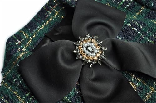 4146xZHEQ6L.jpg Women Winter Plaid Tweed Skirts Suit Bow Beading Long Sleeve Jacket Tassel Skirt 2 Pieces Set